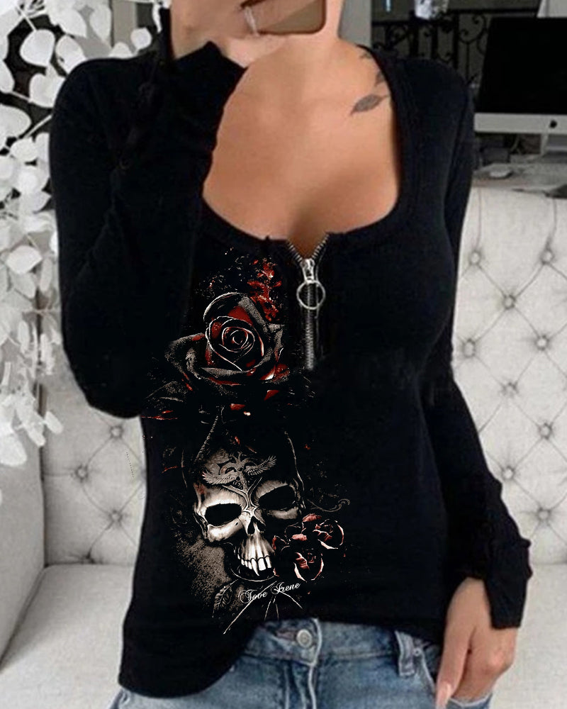 Sexy T-Shirt mit langem Arm und engem Reißverschluss und Rosen-Totenkopf