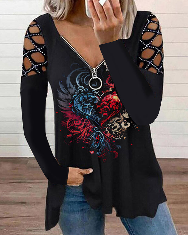 Clashing Colours Love Heart V-Neck Hollow Out Rhinestone Top