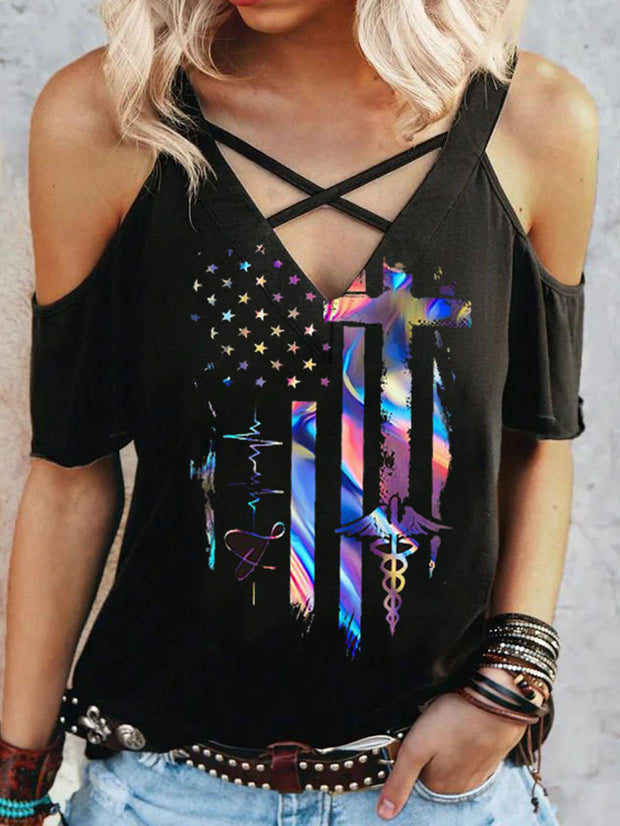 Cross colorful print sexy V-neck T-shirt
