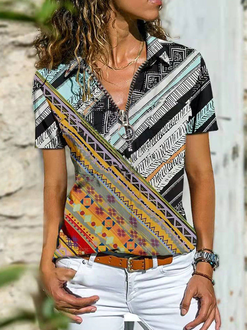 Ethnic Style Zipper Short Sleeve Top