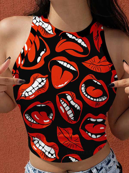 Mouth Printed Round Neck Vest