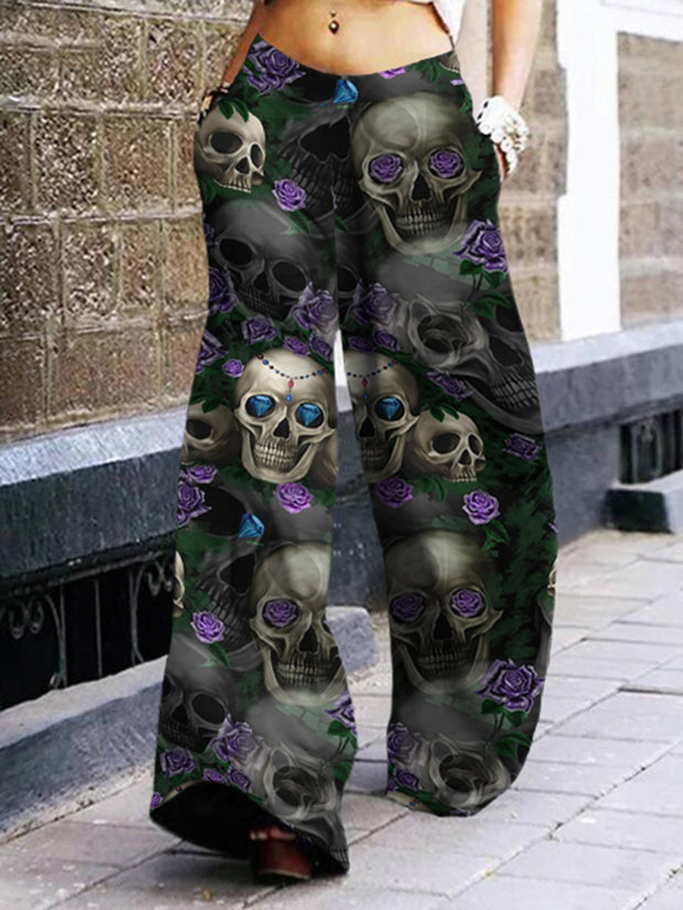 Stylish Skull Print Wide Leg Pants