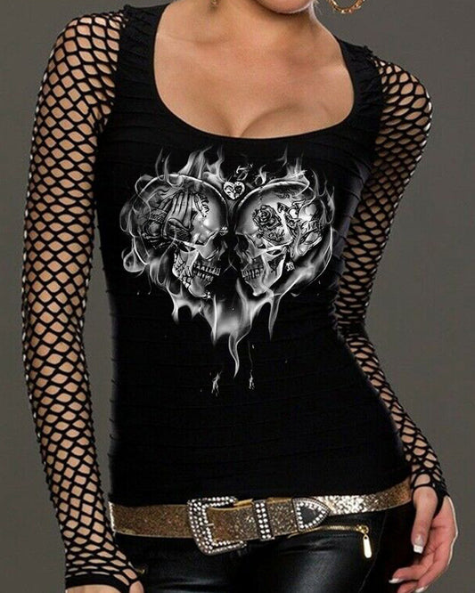 Love Skull Patchwork Long Sleeve Sheer Top