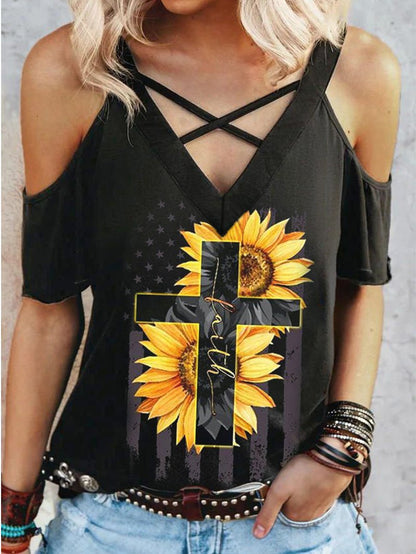 Cross Sunflower Printed Cold Shoulder T-shirt