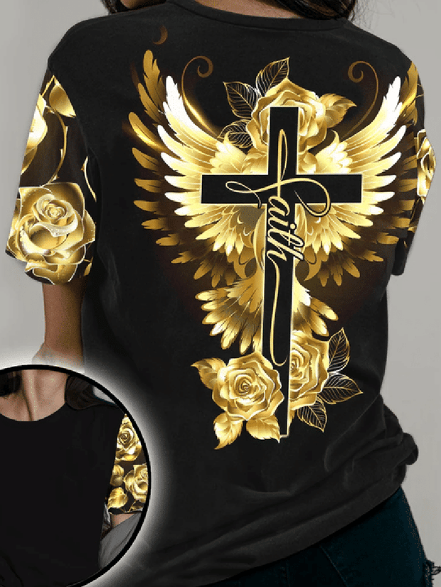 T-shirt confortable imprimé Golden Wings Roses 