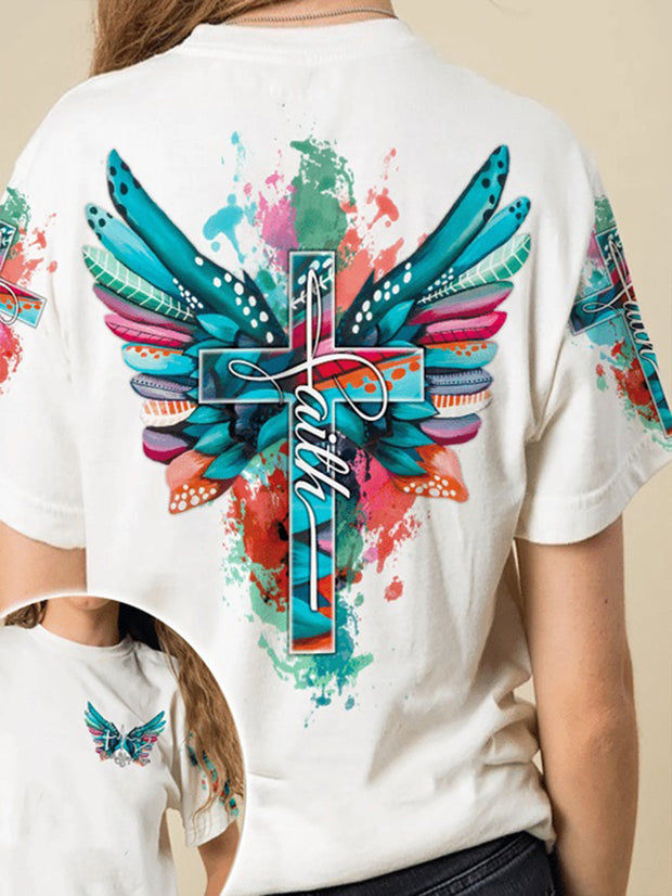 Colorful Wings Cross Printed T-Shirt
