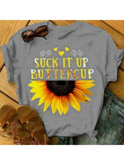 Sunflower Letter Printed Round Neck T-shirt