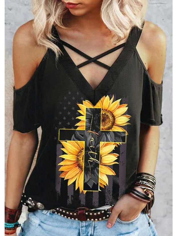 Cross Sunflower Printed Cold Shoulder T-shirt