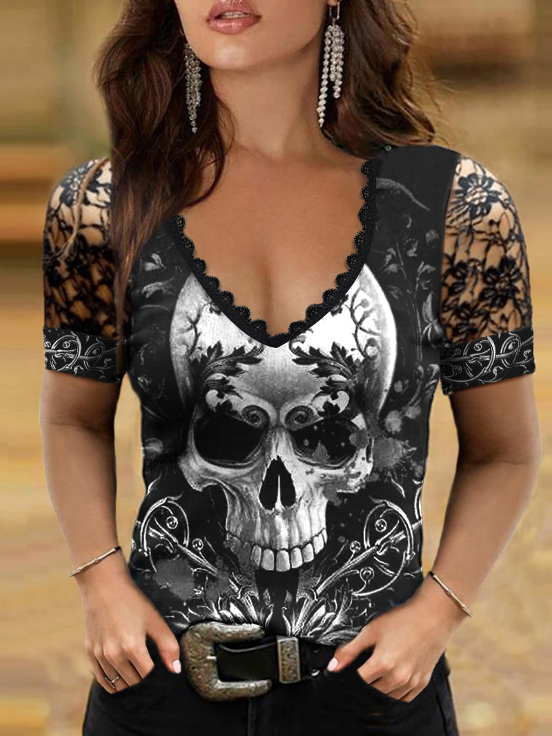 Cold Shoulder Skull Gothic Laced T-Shirt