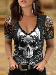 Cold Shoulder Skull Gothic Laced T-Shirt