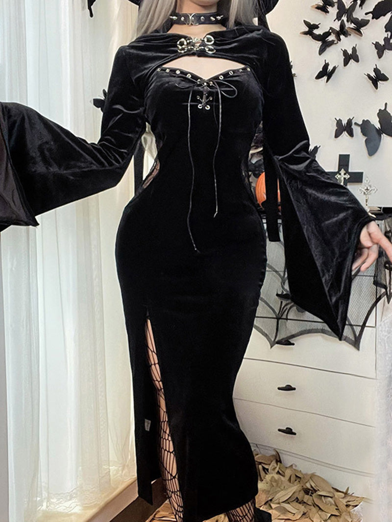 Flared Sleeve Holloween Slit Hooded Dress