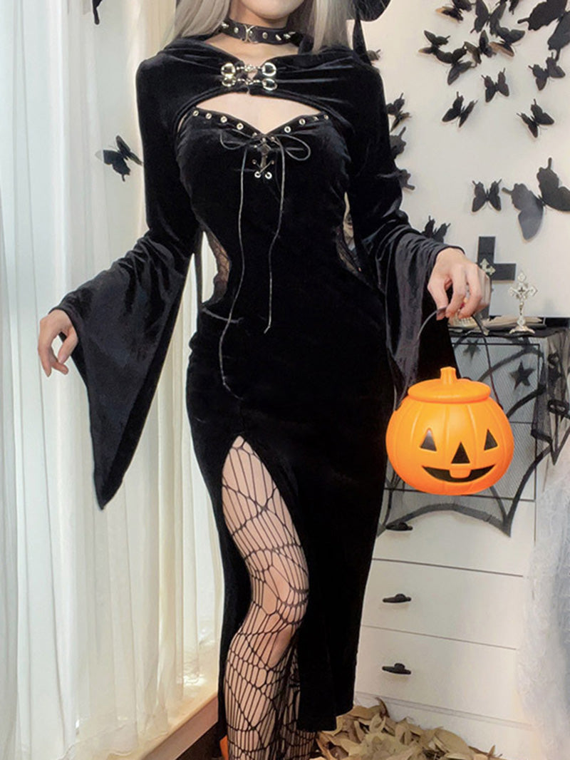 Kleid mit ausgestellten Ärmeln, Holloween-Schlitz und Kapuze 