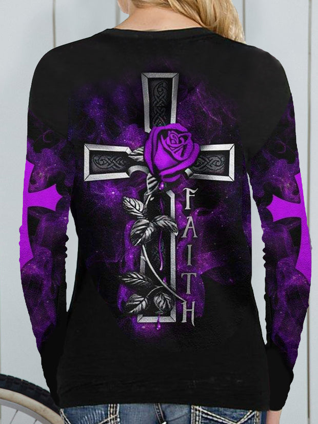 Gothic Cross Printed Long Sleeve T-Shirt