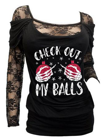 Christmas Check out My Balls Sexy Floral Lace Long Sleeve Top
