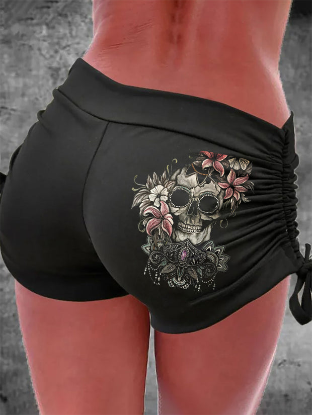 Punk Skull And Floral Print Casual Shorts