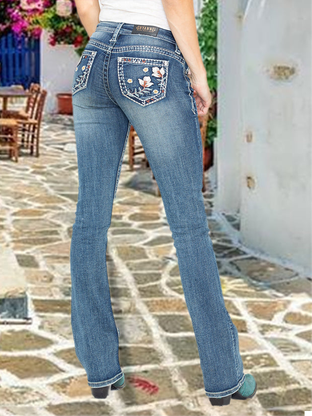 Jeans mit Blumenstickerei-Muster und mittlerer Taille in Übergröße 