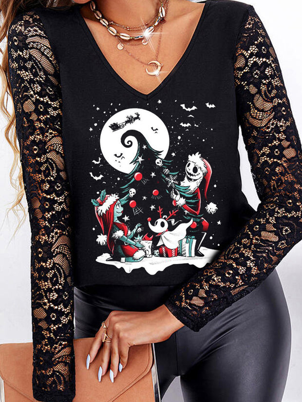 Christmas Nightmare From Qwertee V-Neck Lace Long Sleeve Top