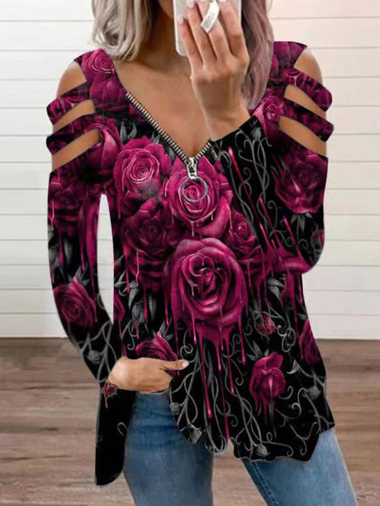 Printed long-sleeved pullover zipper v-neck loose T-shirt