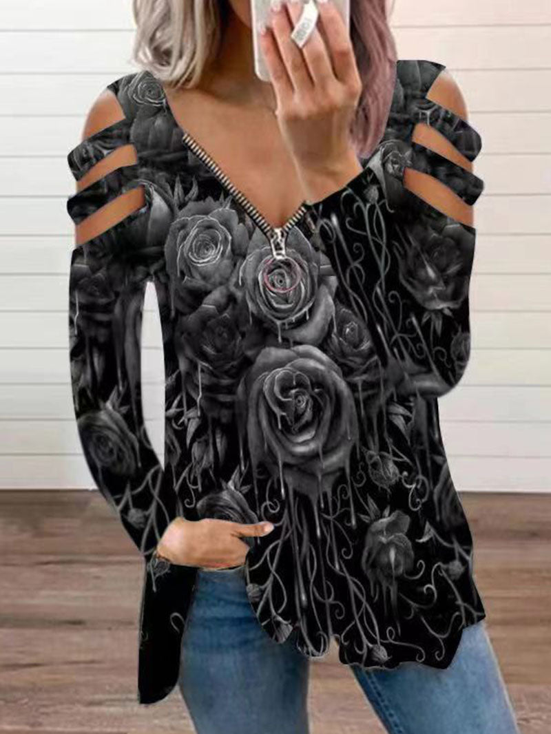 Printed long-sleeved pullover zipper v-neck loose T-shirt