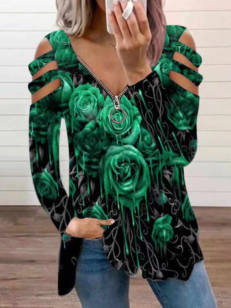 Printed long-sleeved pullover zipper v-neck loose T-shirt