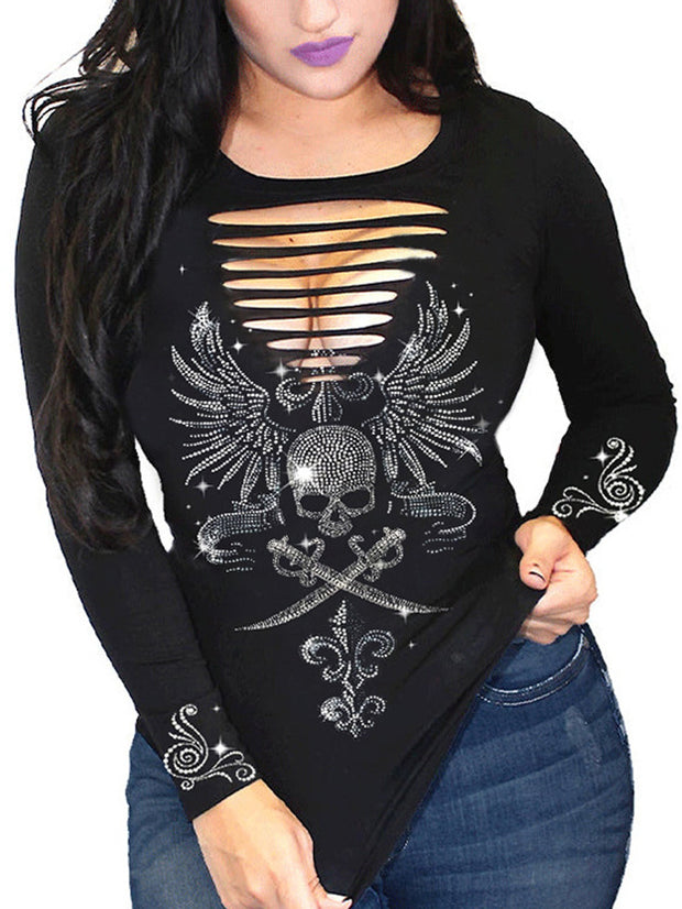 Skull Pirate Wings Print Round Neck Long Sleeve T-Shirt