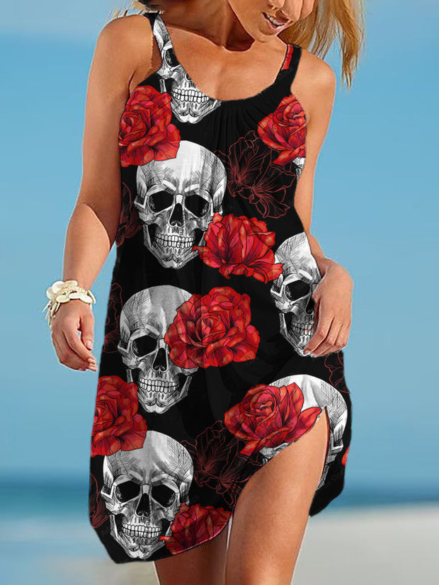 Skull Floral Print Suspender Skirt