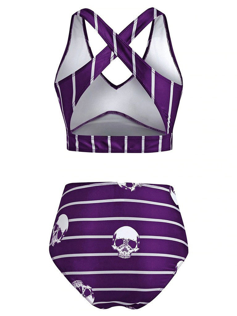 Striped Cross Strap Skull Print Swimsuit