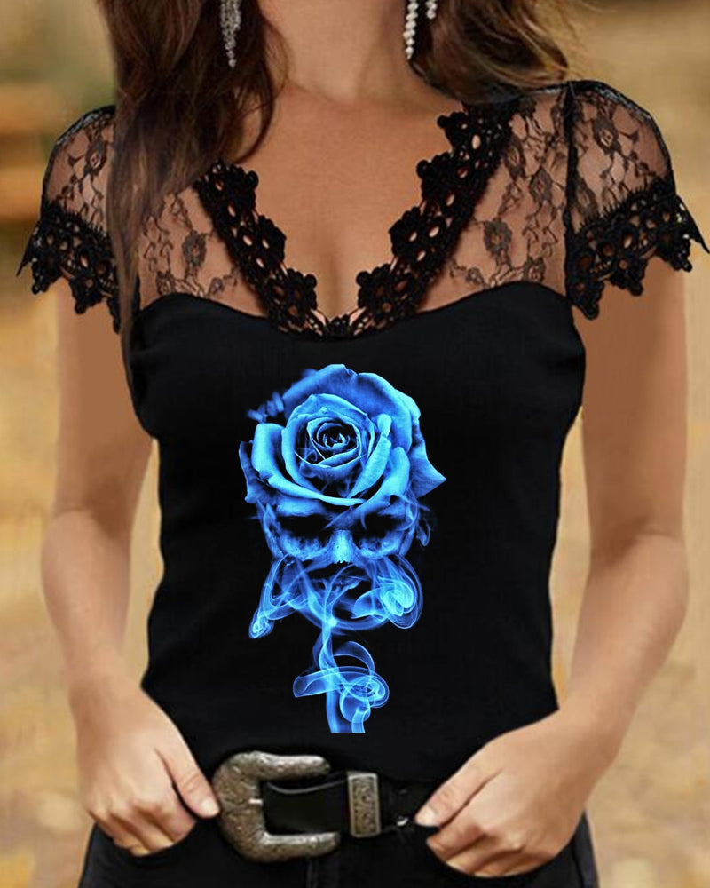 Blue Skull Print Lace Panel Short Sleeve Top