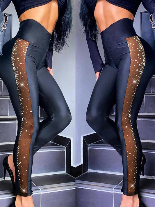 Rhinestone Mesh Stitching Tight Trousers