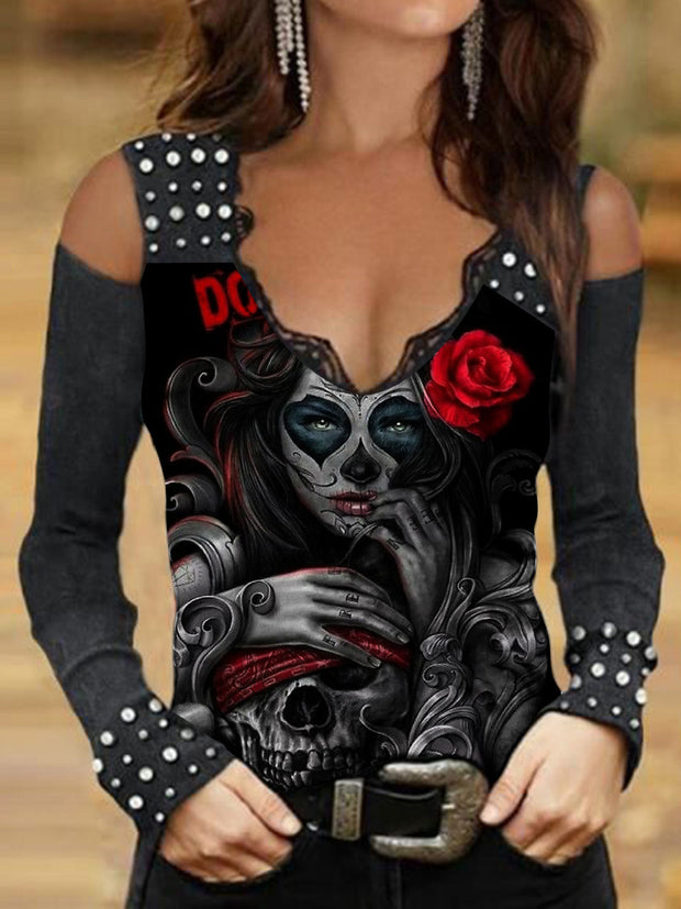Langarm-T-Shirt mit Totenkopf-Motiv für Mädchen 