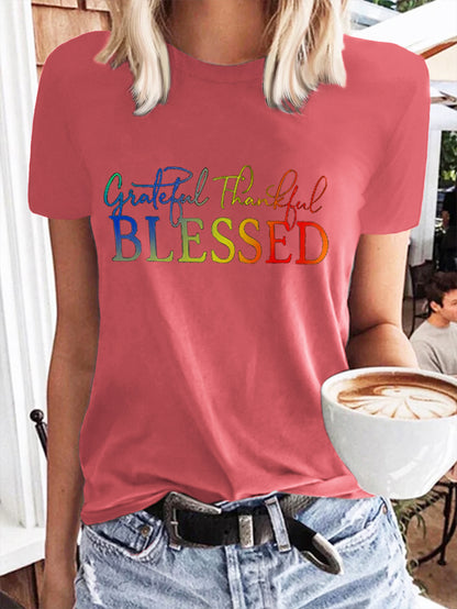 Lässiges Damen-T-Shirt mit Rundhalsausschnitt und Aufdruck „Blessed“ 