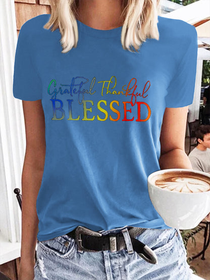 Lässiges Damen-T-Shirt mit Rundhalsausschnitt und Aufdruck „Blessed“ 