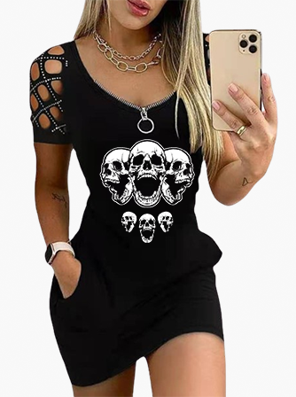 Sexy Cutout Diamond Skull Print Pocket Slim Fit Dress