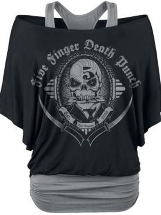 Street casual skull print undershirt short-sleeved tops two-piece set