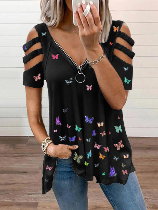 V-neck Hollow-out Zipper Butterfly Printed T-shirt