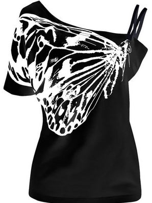 Butterfly Print Irregular Off-Shoulder Strappy T-Shirt