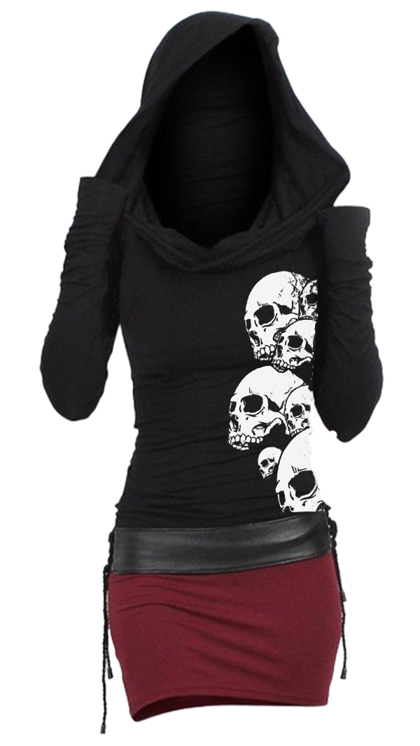 Gothic Skull Print Color Block Hooded Dress