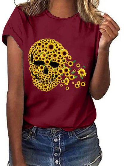 Short Sleeve Sunflower Skull Printed T-shirt