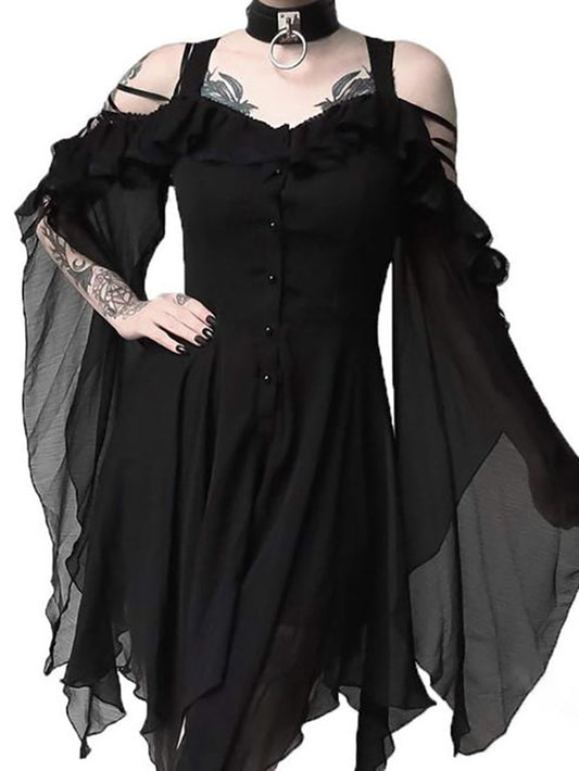 Gothic-Kleid mit kalten Schultern und ausgestellten Ärmeln 