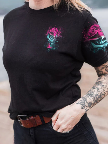 T-shirt imprimé à slogan personnalisé Skull Rose pour femmes 