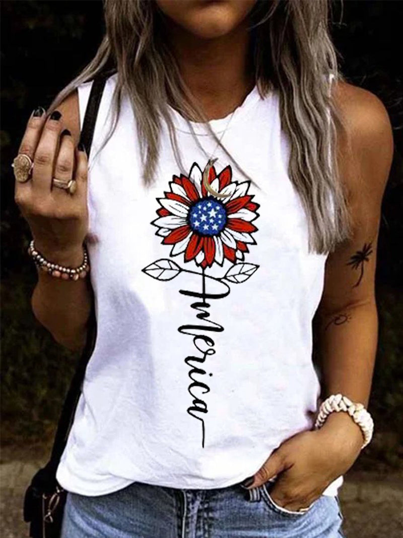 Floral print round neck sleeveless loose tank top