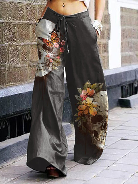 Skull Flowers Printed Wide Leg Trousers