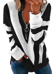 Women's Chest Zipper Stripe Printed T-shirt
