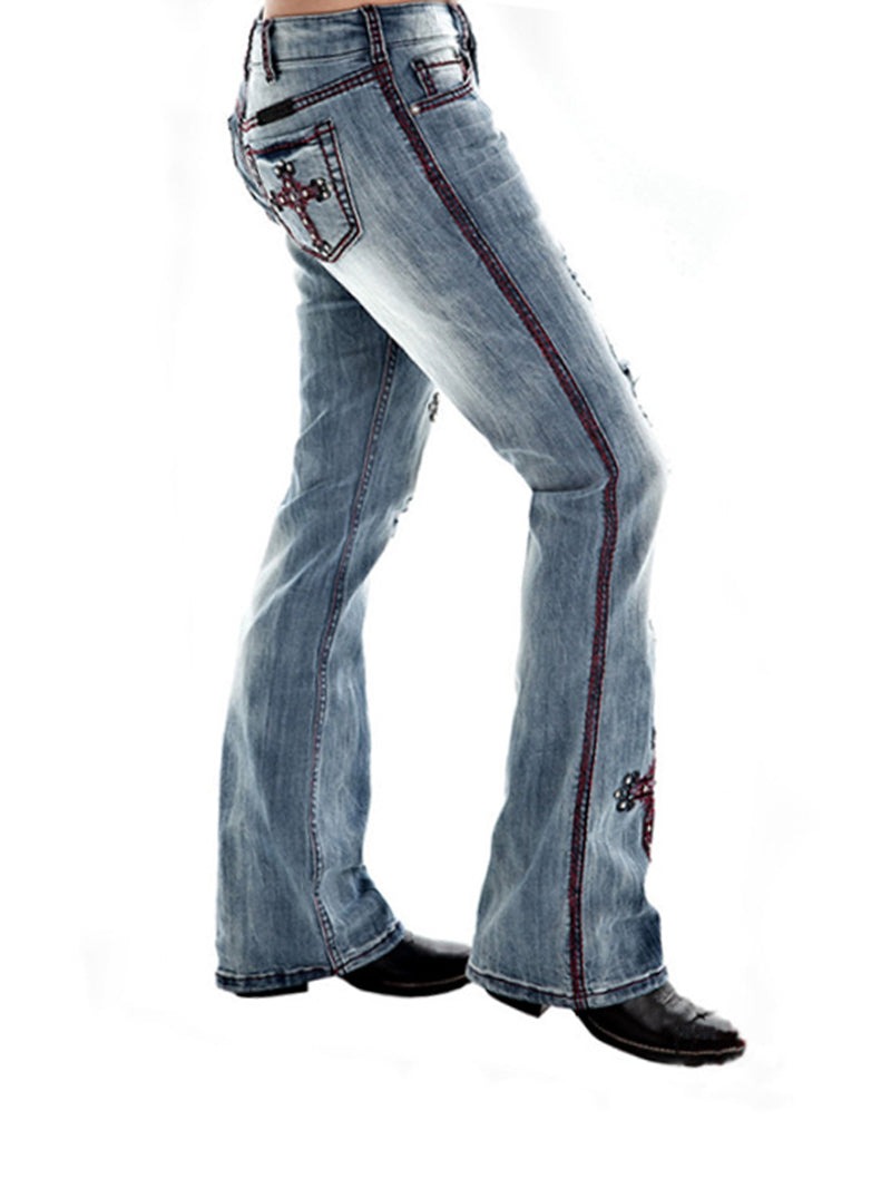 Zerrissene Slim Fit Jeans mit Kreuzstickerei 