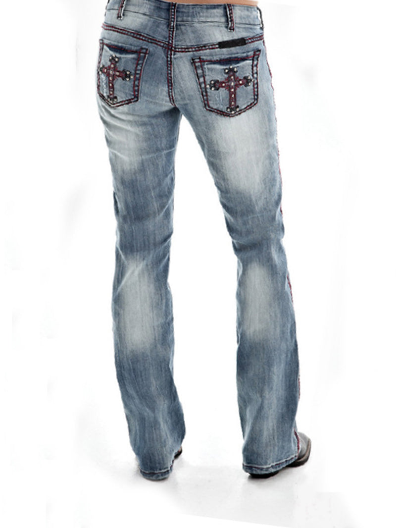 Zerrissene Slim Fit Jeans mit Kreuzstickerei 