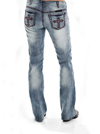 Zerrissene Slim Fit Jeans mit Kreuzstickerei 