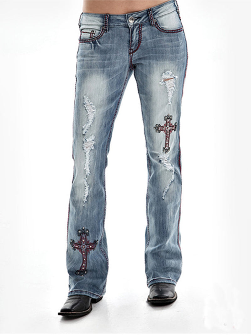 Embroidered Cross Slim Fit Ripped Jeans