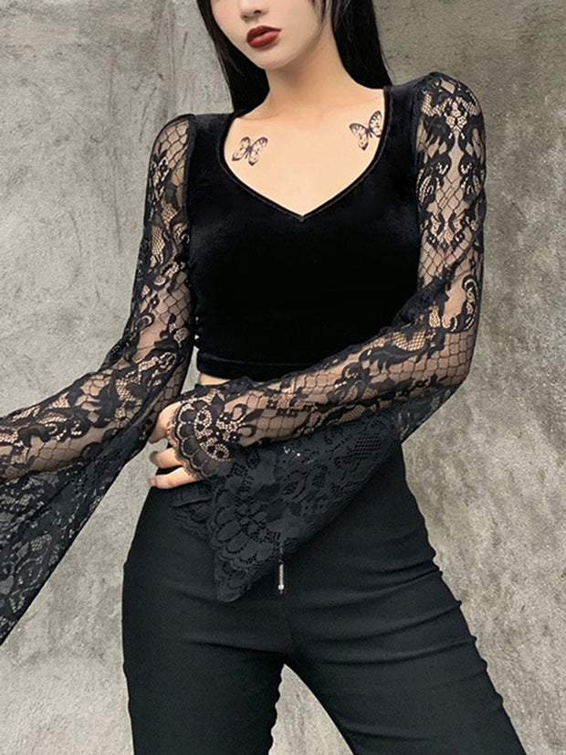 Sexy Deep-V Lace Patchwork Crop Top