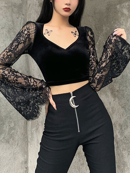 Sexy Deep-V Lace Patchwork Crop Top