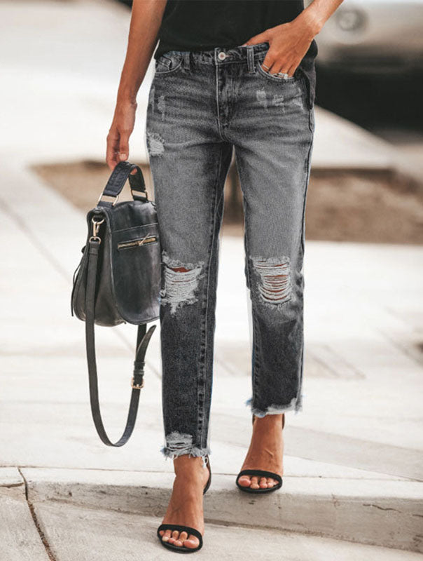 Frayed Hem Ripped Tapered Jeans